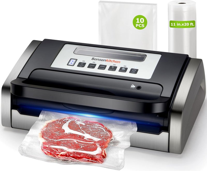 Bonsenkitchen Vacuum Sealer Machine, Globefish Technology for Perfect Vacuum Sealing, Powerful Low-Noise Food Vacuum Sealer with Easy Handle Design, Built-in Cutter & Bag Storage, 1 Bag Roll & 10 Bags - Image 1